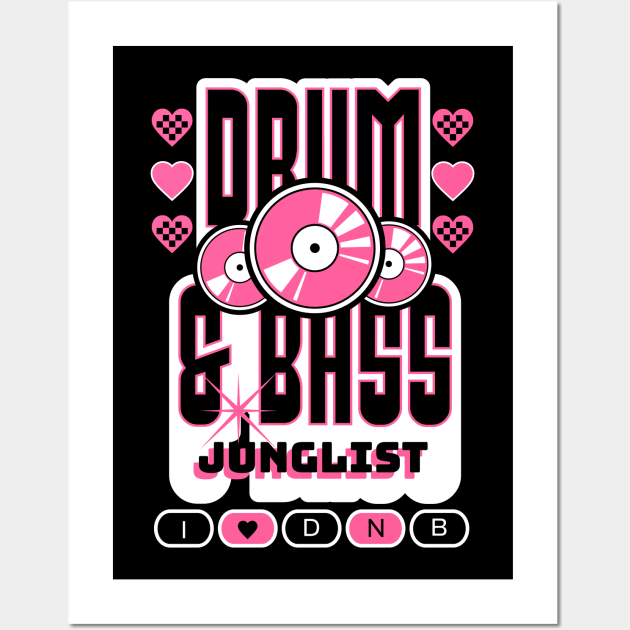 DRUM AND BASS  - 3 Records & Hearts (White/Pink) Wall Art by DISCOTHREADZ 